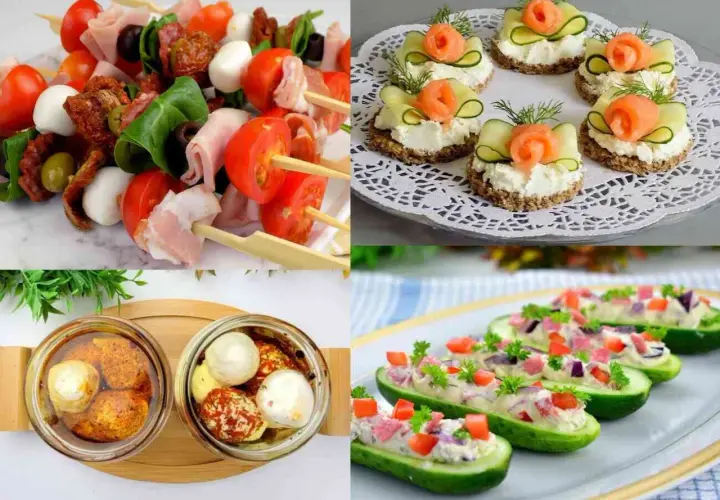 Kolorowe przystawki na imprezę domową: szaszłyki caprese, kanapeczki z łososiem, marynowane serki i łódeczki z ogórka.