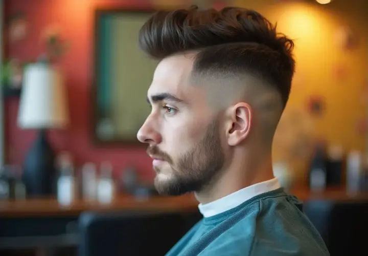 Un hombre joven con un moderno diseño pelo hombre, con un degradado y tupé.