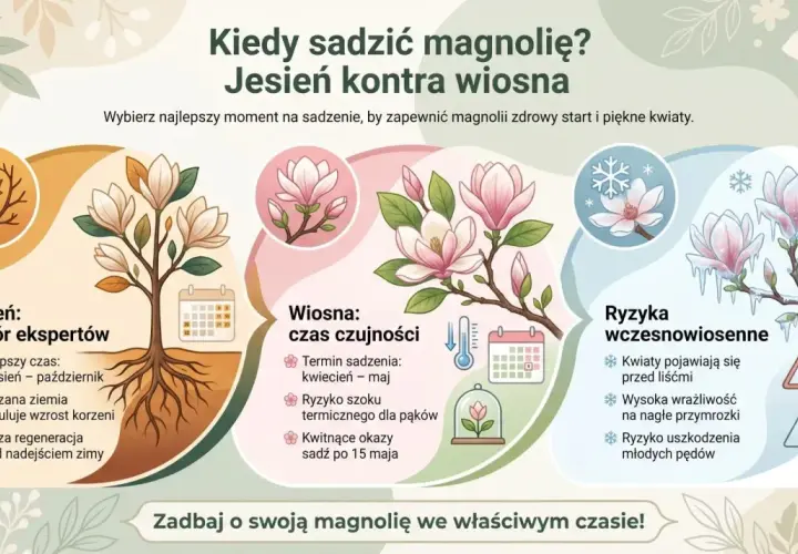 Jesień to najlepszy czas, by sadzić magnolię. Wrzesień-październik zapewnia korzeniom regenerację przed zimą. Wiosną magnolie są wrażliwe na przymrozki.