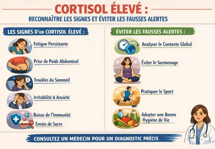 Signes d'un cortisol élevé : fatigue persistante, prise de poids, troubles du sommeil, irritabilité, baisse immunité, envies de sucre. Éviter le surmenage, pratiquer le sport.