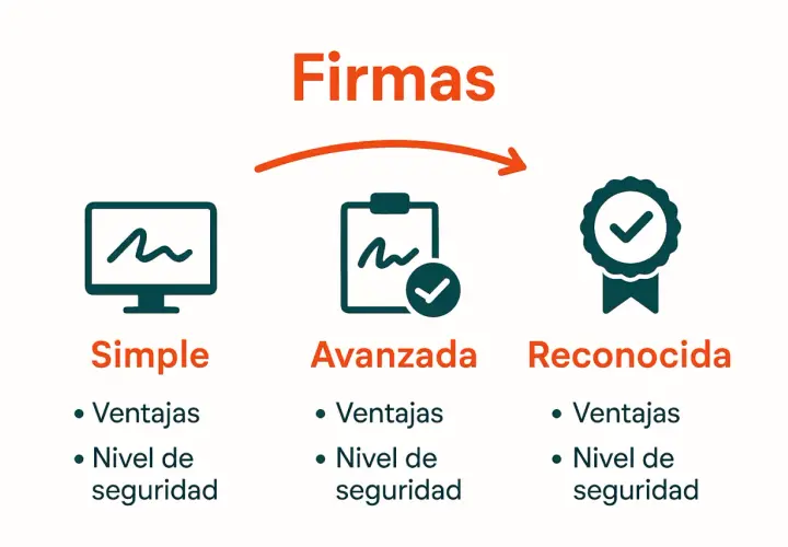 Diagrama de firmas: simple, avanzada y reconocida. Ideal para la firma digital empresas, mostrando niveles de seguridad y ventajas.