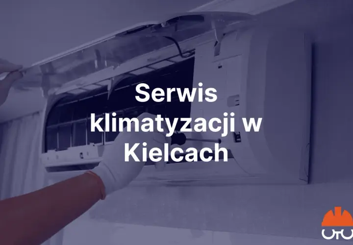 Ręka w białej rękawiczce naprawia klimatyzator. Napis "Serwis klimatyzacji w Kielcach".