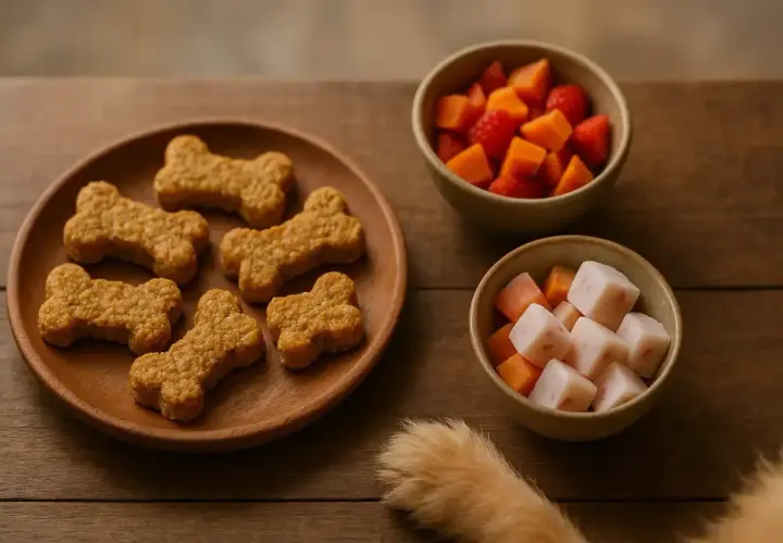 Galletas con forma de hueso y cuencos con trozos de fruta, perfectos como chuches para cachorros de 2 meses.