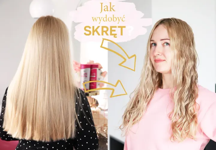 Blond włosy przed i po użyciu aktywatora skrętu. Z prostych włosów na loki.