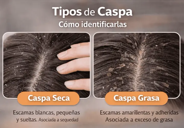 Dos tipos de caspa: seca (escamas blancas, sueltas) y grasa (amarillentas, adheridas). Aprende cómo quitar la caspa identificando la tuya.