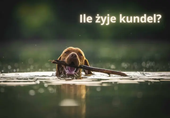 Szczęśliwy pies z patykiem w pysku pływa w jeziorze. Warto wiedzieć, jak długo żyją psy kundelki, by cieszyć się nimi jak najdłużej.