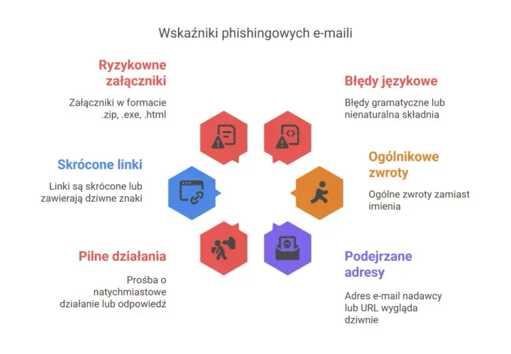 Grafika pokazuje wskaźniki phishingu, by chronić przed oszustami, np. z Velo Bank. Uważaj na podejrzane linki, załączniki i błędy.