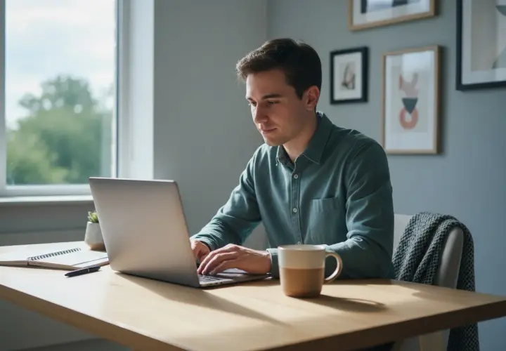 Mężczyzna pracuje na laptopie przy biurku, pijąc kawę. Idealne warunki do nauki, gdy wybierasz studia zaoczne online.