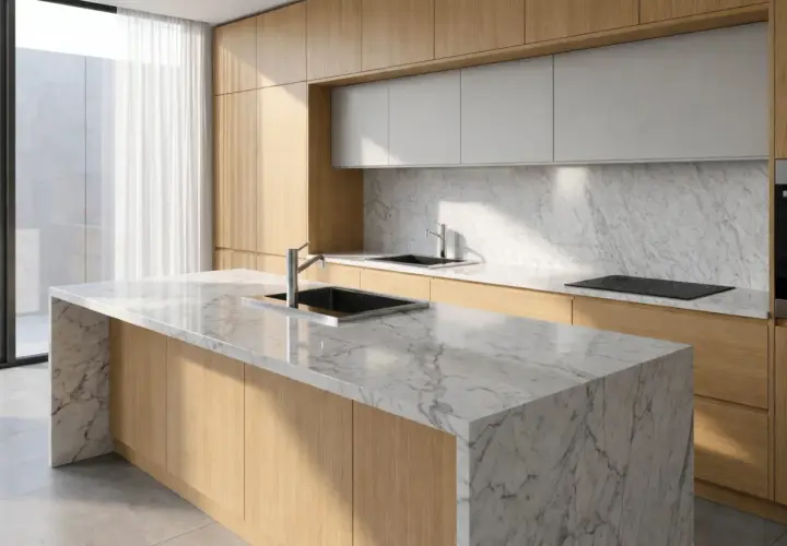 Cucina moderna con isola centrale e piano in marmo bianco venato. Ante in legno chiaro e schienale in marmo completano l'ambiente.