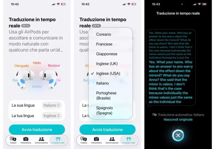 App per la traduzione in tempo reale con AirPods. Seleziona la lingua per una conversazione fluida, una vera traduzione.