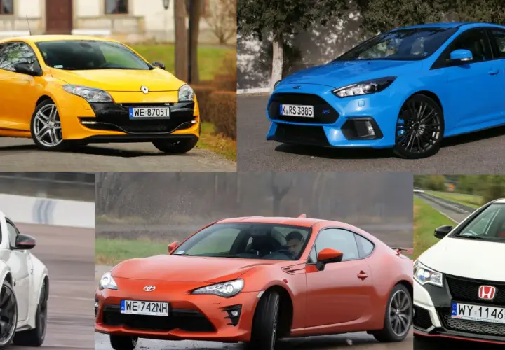 Kolaż pięciu **tanie sportowe auta**: żółty Renault Megane RS, niebieski Ford Focus RS, biały Nissan 370Z Nismo, pomarańczowy Toyota GT86 i biały Honda Civic Type R.