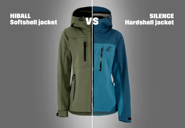 Zielona kurtka softshell i niebieska kurtka hardshell, porównanie odzieży wierzchniej.