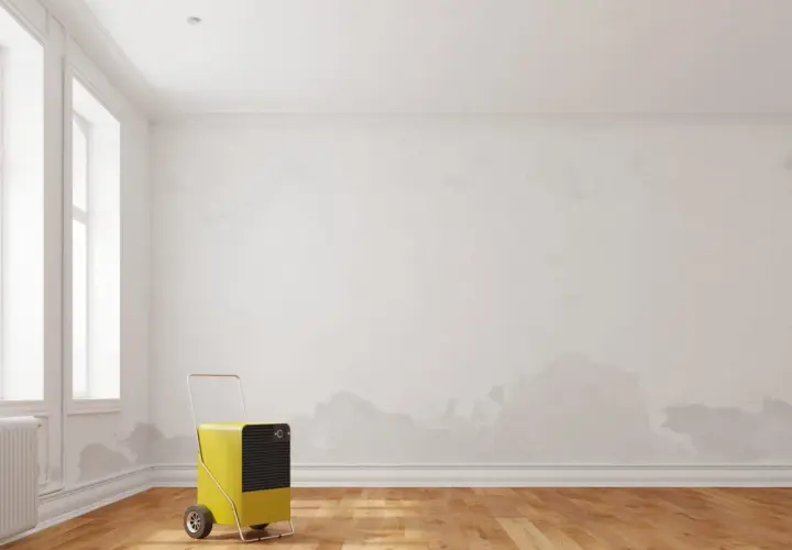 Gelber Luftentfeuchter im leeren Raum mit feuchten Stellen an der Wand. Ein Hausmittel gegen Feuchtigkeit aus der Wand.