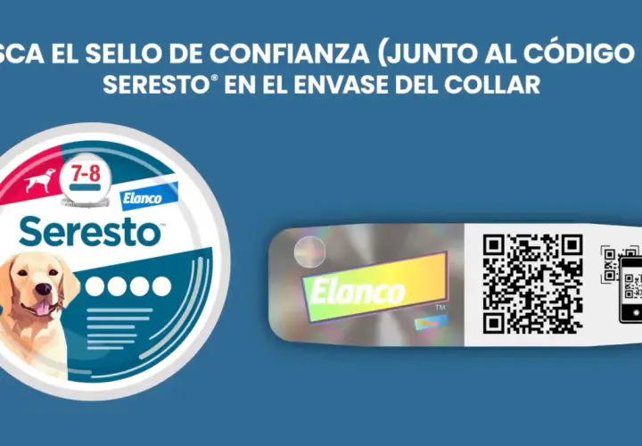 Collar Seresto para perros, con imagen de un labrador y el número 7-8. Busca el sello de confianza.
