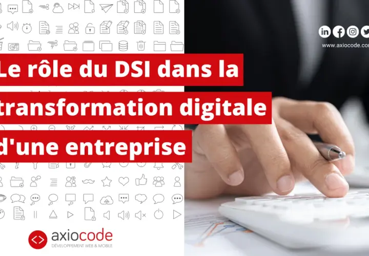 Le rôle du DSI dans la transformation digitale d'une entreprise. Icônes diverses et main sur un clavier.