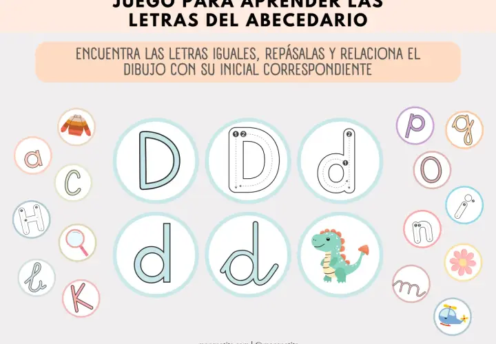 Juego para aprender el abecedario para imprimir mayúsculas y minúsculas, con letras y dibujos para relacionar.