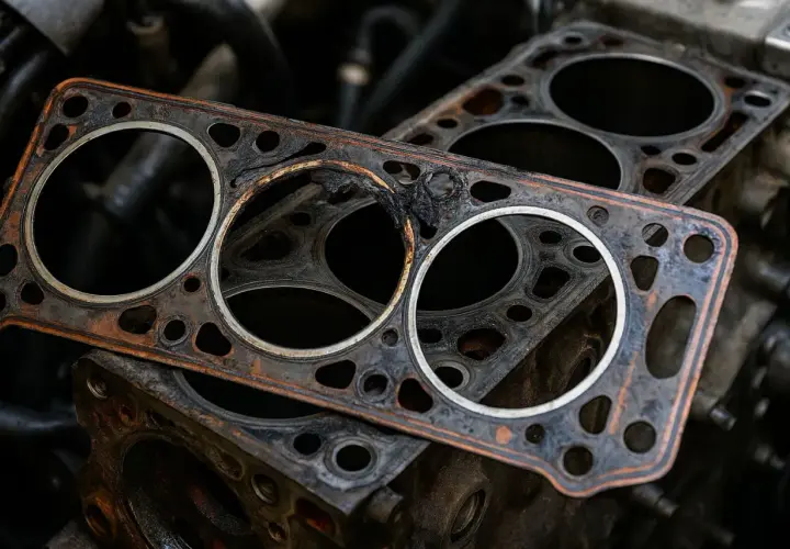 Testata motore rotta, con segni di bruciatura e ruggine evidenti sui cilindri. Un pezzo di ricambio necessario per riparare il motore.