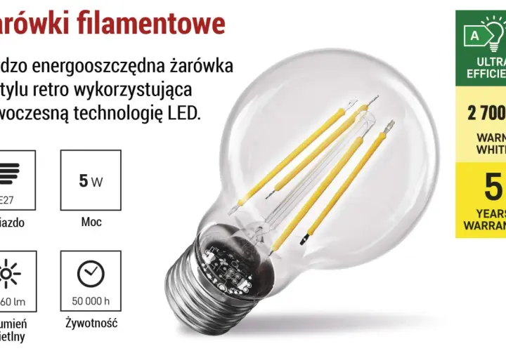 Energooszczędna żarówka LED w stylu retro, e27, 5W, 2700K, 1060 lm, 50 000h żywotności, 5 lat gwarancji.