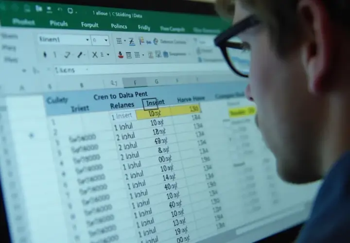Mężczyzna w okularach analizuje dane w arkuszu kalkulacyjnym Excel. Widoczny jest fragment tabeli z kolumnami "Culeły", "Cren to Dalta Pent Relanes" i "Insaint".