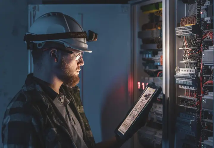 Elektryk w kasku z latarką analizuje schemat na tablecie, pracując przy skomplikowanym systemie dali okablowanie.
