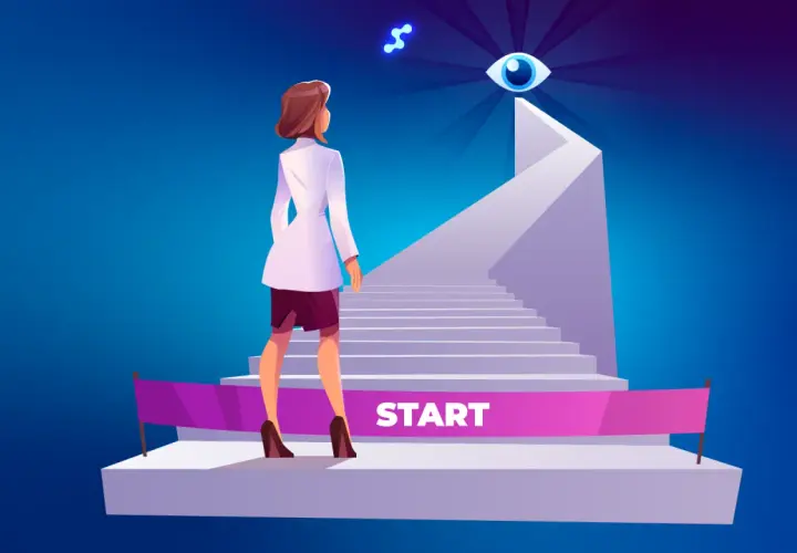 Kobieta w białej marynarce stoi przed schodami z napisem "START". To symboliczny początek drogi do sukcesu, jak podczas egzaminu na technika administracji.