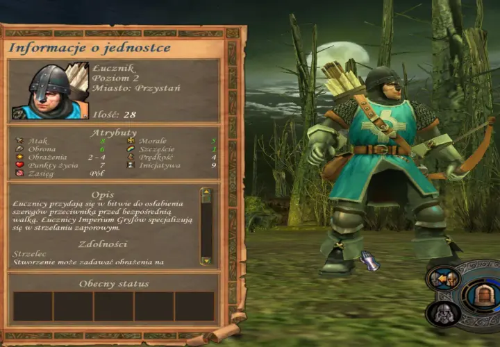 Łucznik z gry Heroes 5 spolszczenie, gotowy do walki. Jego statystyki i opis są widoczne na panelu.