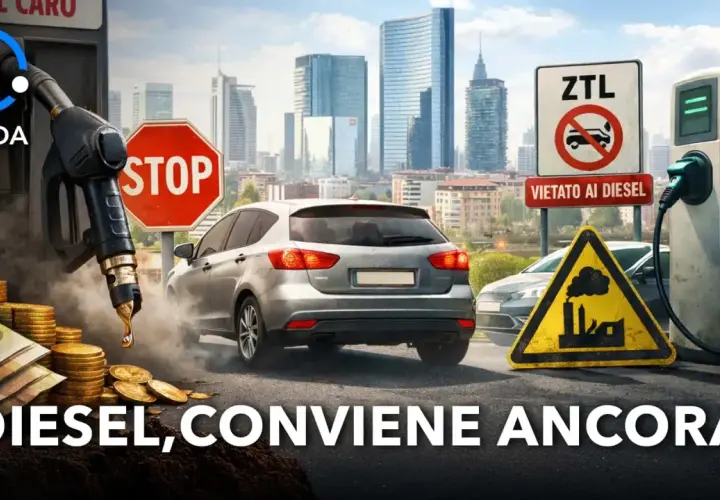 Una city car diesel in un contesto urbano con segnali di divieto e una colonnina di ricarica, mentre il prezzo del carburante sale.