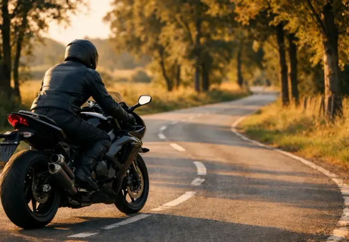 Motociclista en carretera rural al atardecer, cumpliendo la normativa de motos en Francia.