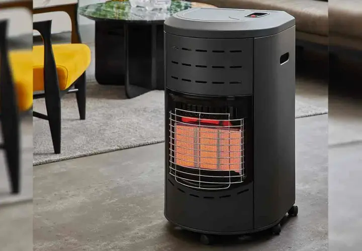 Chauffage gaz infrarouge, avec sa grille protectrice et ses éléments chauffants rougeoyants, diffuse une chaleur réconfortante dans un salon moderne.