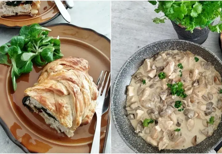 Pyszne mięso na obiad: pieczone w cieście francuskim i kurczak w sosie śmietanowo-grzybowym.