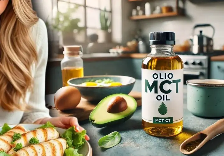 Una bottiglia di olio MCT in primo piano, accanto ad avocado, uova e pollo grigliato, per una colazione sana.