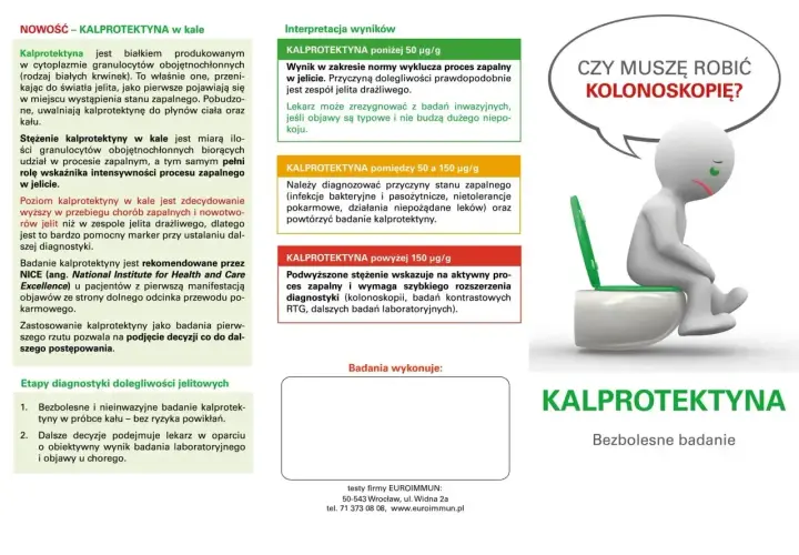Badanie kalprotektyny w kale: marker stanu zapalnego jelit. Wyniki poniżej 50 µg/g sugerują zespół jelita drażliwego.