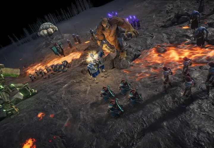 Bitwa w Spellforce: Conquest of Eo. Spolszczenie gry ukazuje starcie giganta z ludźmi i maszynami na tle płynnej lawy.
