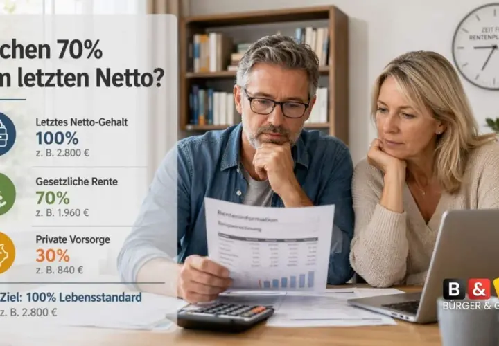 Ein Paar plant die Rente. Das letzte Netto-Gehalt (100%) wird mit gesetzlicher Rente (70%) und privater Vorsorge (30%) verglichen, um den Lebensstandard zu sichern.