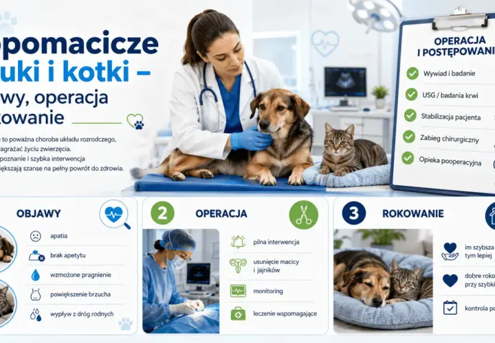Weterynarz bada psa i kota. Infografika o ropomaciczu u suczek i kotek: objawy, operacja i rokowanie. Szybka interwencja ratuje życie.