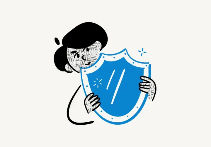 Une personne tient un bouclier bleu, symbole de protection. Ce bouclier pourrait représenter un code à usage unique Microsoft pour sécuriser vos données.