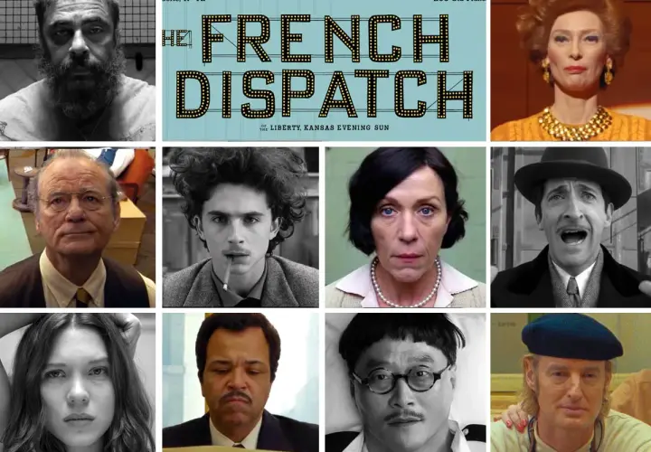Montaggio di volti dal film "The French Dispatch", con il titolo del film in evidenza. Le recensioni lodano il cast corale.