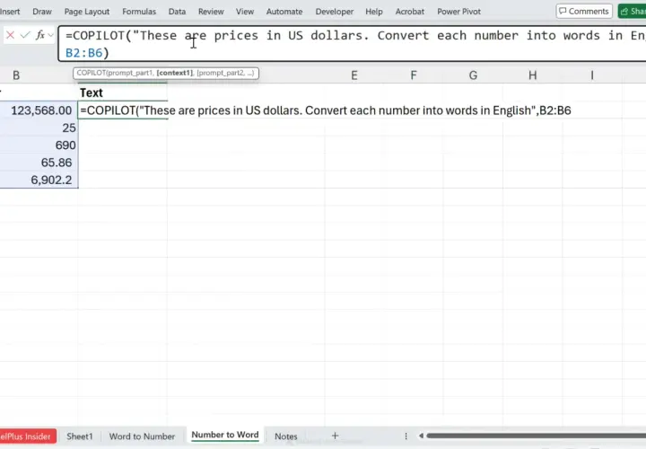 Foglio di calcolo con numeri in colonna B e formula in C2 che converte il numero memorizzato come testo in inglese.
