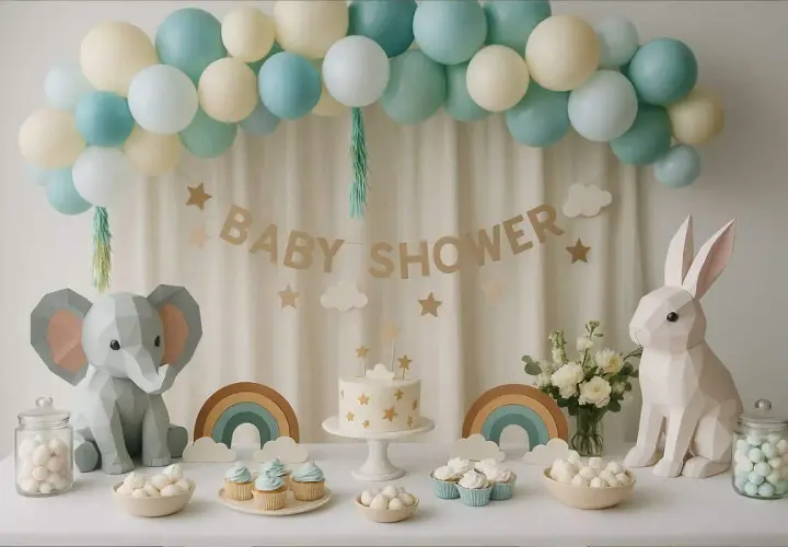 Un allestimento fai da te per baby shower con palloncini pastello, un elefante e un coniglio di carta, torta e dolcetti.