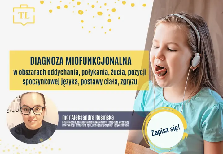 Dziewczynka w słuchawkach ćwiczy język, obok zdjęcie logopedy.
