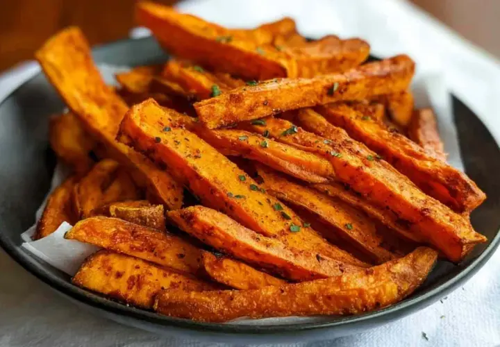 Chrupiące bataty z airfryer, posypane ziołami, wyglądają apetycznie na ciemnej misce.
