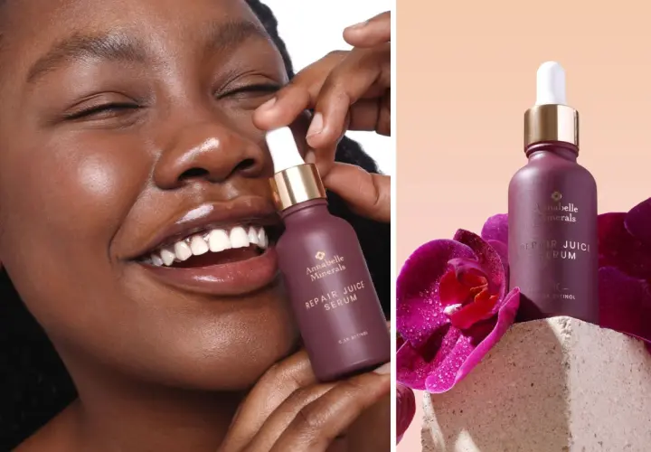 Uśmiechnięta kobieta trzyma serum z 0.3% retinolem. Dowiedz się, retinol co to i jak działa.