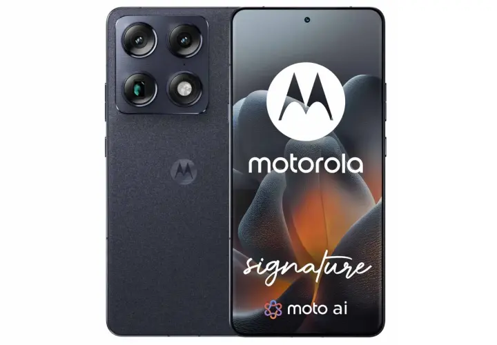 Nowoczesny telefon Motorola z potrójnym aparatem i ekranem z logo "signature moto ai". Wśród wielu marek telefonów, ten wyróżnia się designem.