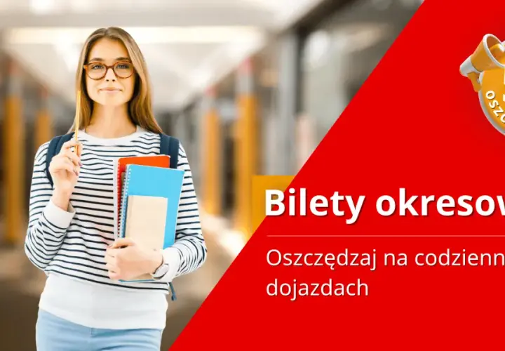Młoda studentka z zeszytami i ołówkiem, obok napis "Bilety okresowe" i informacja o zniżce 50%. Czy są bilety tygodniowe PKP?