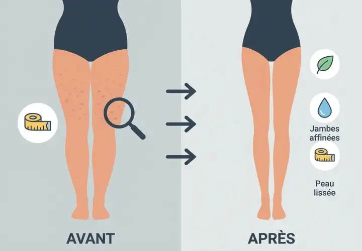 Avant/Après : amélioration de la circulation lymphatique, jambes affinées et peau lissée.