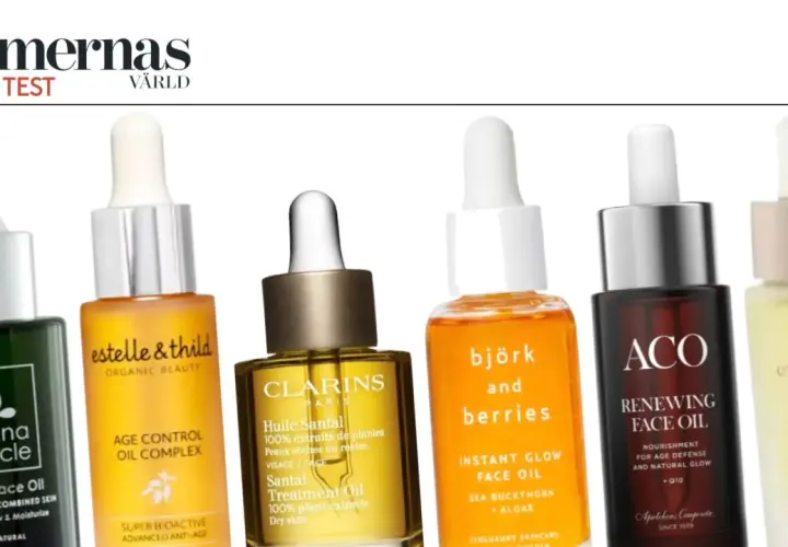 En rad ansiktsoljor för olika hudtyper, inklusive Marina Miracle, Estelle & Thild, Clarins, Björk & Berries, ACO och Exuviance.