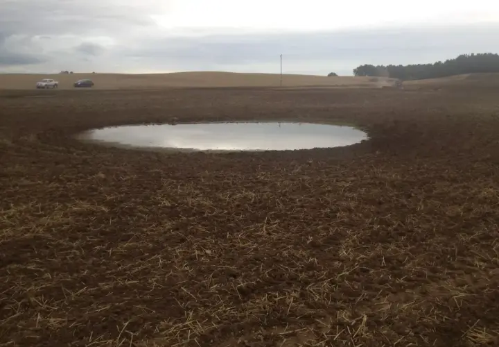 Pola po orce, kałuża i pracujący traktor. To obrazek pokazujący, melioracja co to, czyli poprawę stosunków wodnych na ziemi.