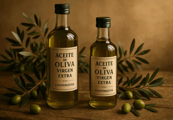 Dos botellas de aceite de oliva virgen extra, con ramas de olivo y aceitunas verdes. Un producto de calidad, una auténtica fuente de oliva.