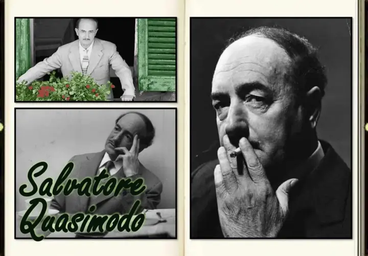 Ritratto di Salvatore Quasimodo, poeta. Tre immagini lo ritraggono: affacciato a una finestra, pensieroso e con una sigaretta.