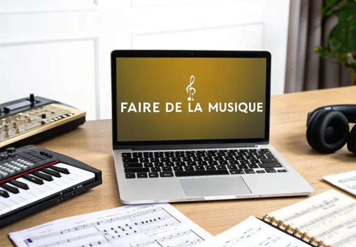 Ordinateur portable affichant "Faire de la musique", avec claviers, partitions et casque. Idéal pour mettre sa musique en ligne gratuitement.